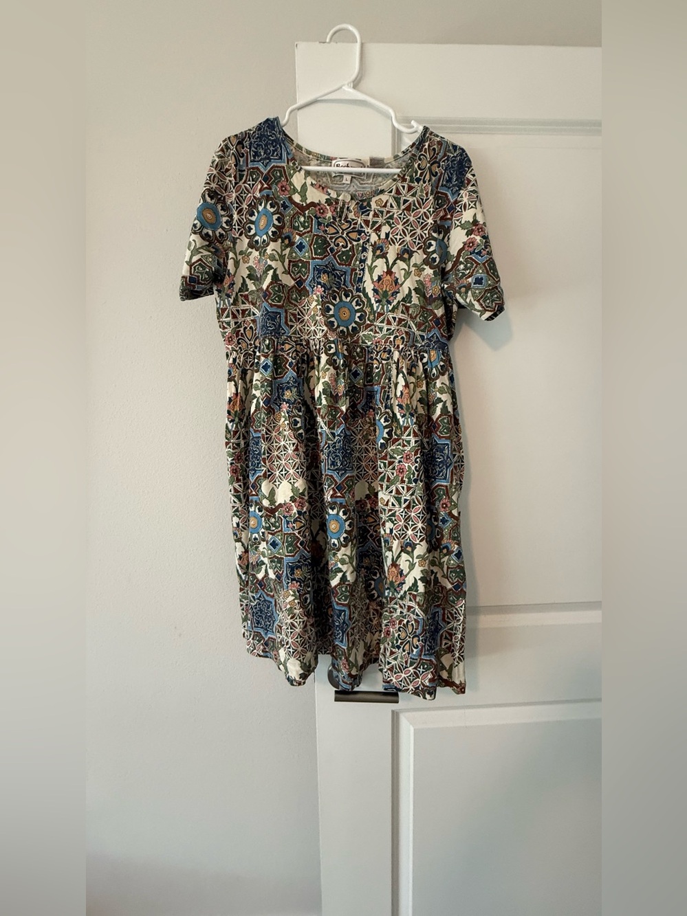 Bechamel Short Sleeve Mini Dress in Blue, Green, Cream